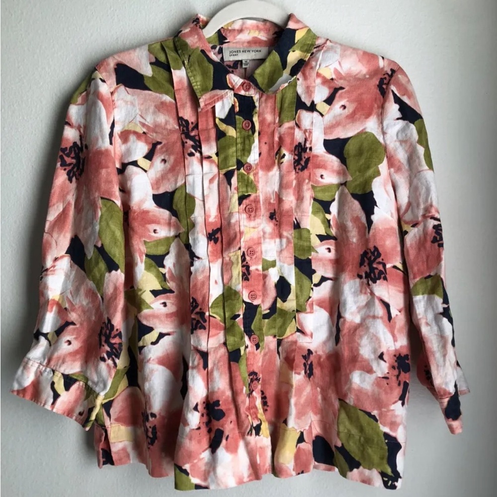 Jones New York Sport Womens Medium 100% Linen Floral Button Up Top